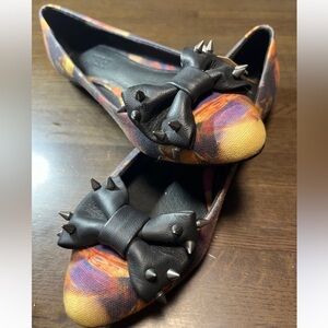 Diesel Black and Orange Peep-Toe Flats with Bow